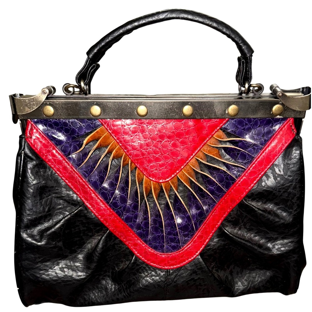 VTG Sunburst Design Top Handle Handbag Faux Leather Metal Kiss Lock